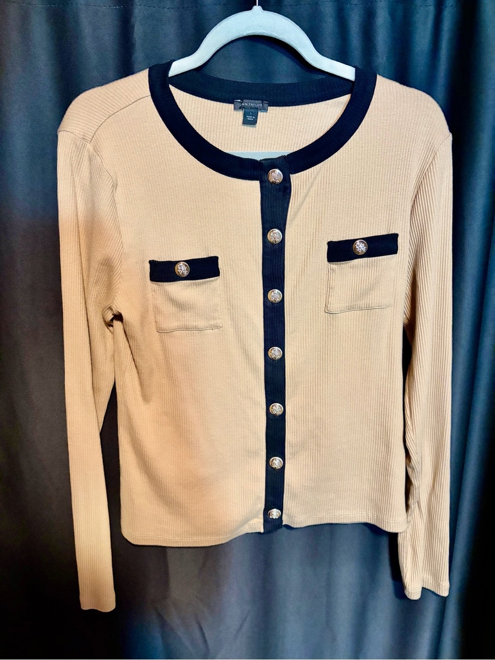 Ann Taylor Beige Long-Sleeve Ribbed Top with Black Trim
